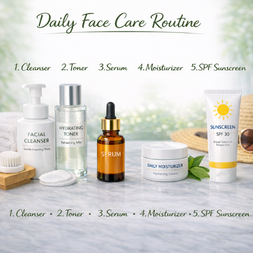 daily face care routine steps including cleansing toning serum moisturizing and sunscreen