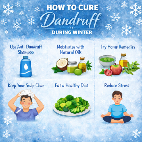 Winter dandruff care image showing natural remedies, healthy diet, scalp hygiene, and stress reduction tips